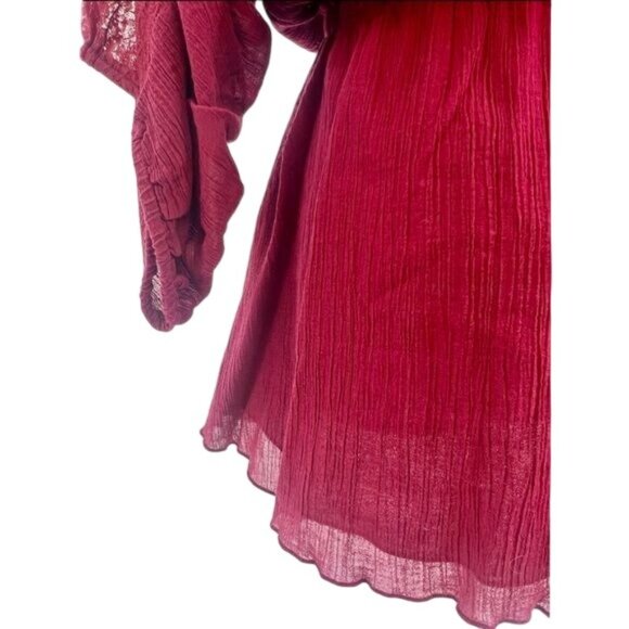 RARE Vintage Free People Burgundy Red Lace Trim Cinched Waist Boho Crepe Top - Picture 12 of 16